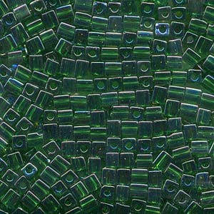 Miyuki Würfel Beads, Cube, Square Beads 4mm 0179 transparent rainbow Green - Gold 20gr